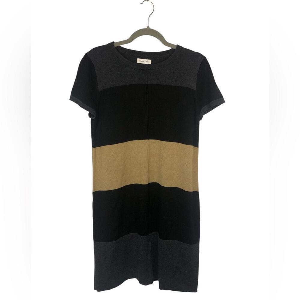 Calvin Klein Sweater Color block Dress Striped Short Sleeve Crew Neck
